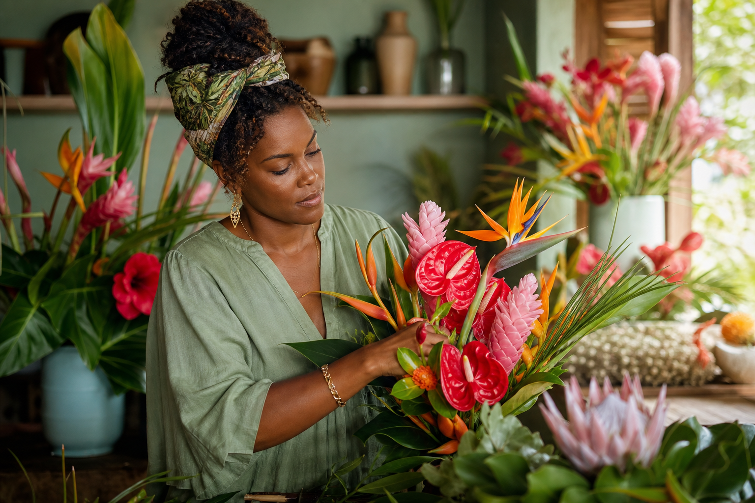 Fleuriste créant un bouquet