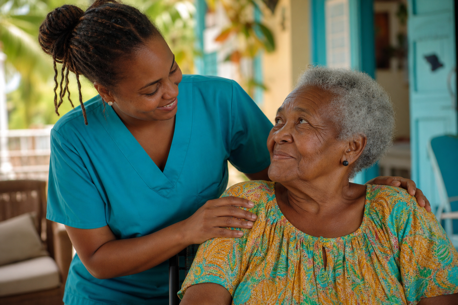 Aide-soignante afro-caribéenne accompagnant une personne âgée en Guadeloupe